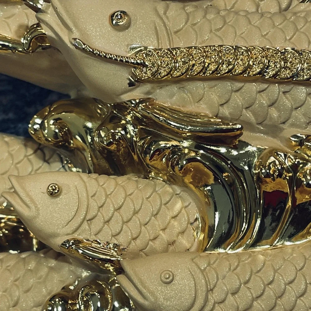 Gold Arowana Fish Feng Shui Resin Figurine Chinese Wealth‎ Coins Decor Small